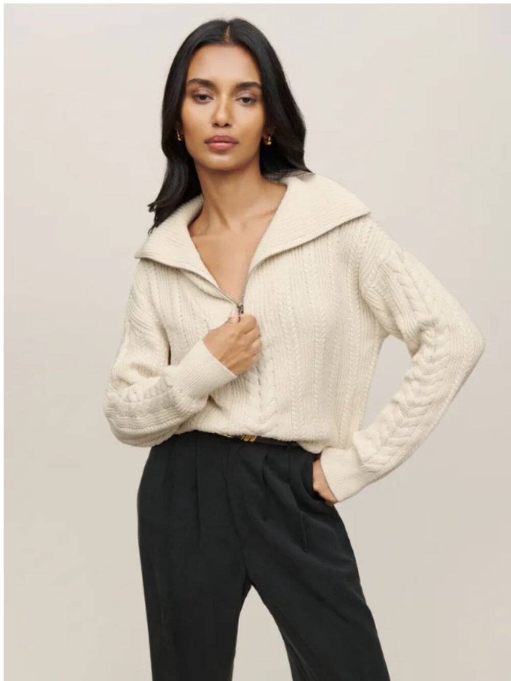 Reformation Lucca Cotton Cable Half Zip Sweater Natural Cream Size Small